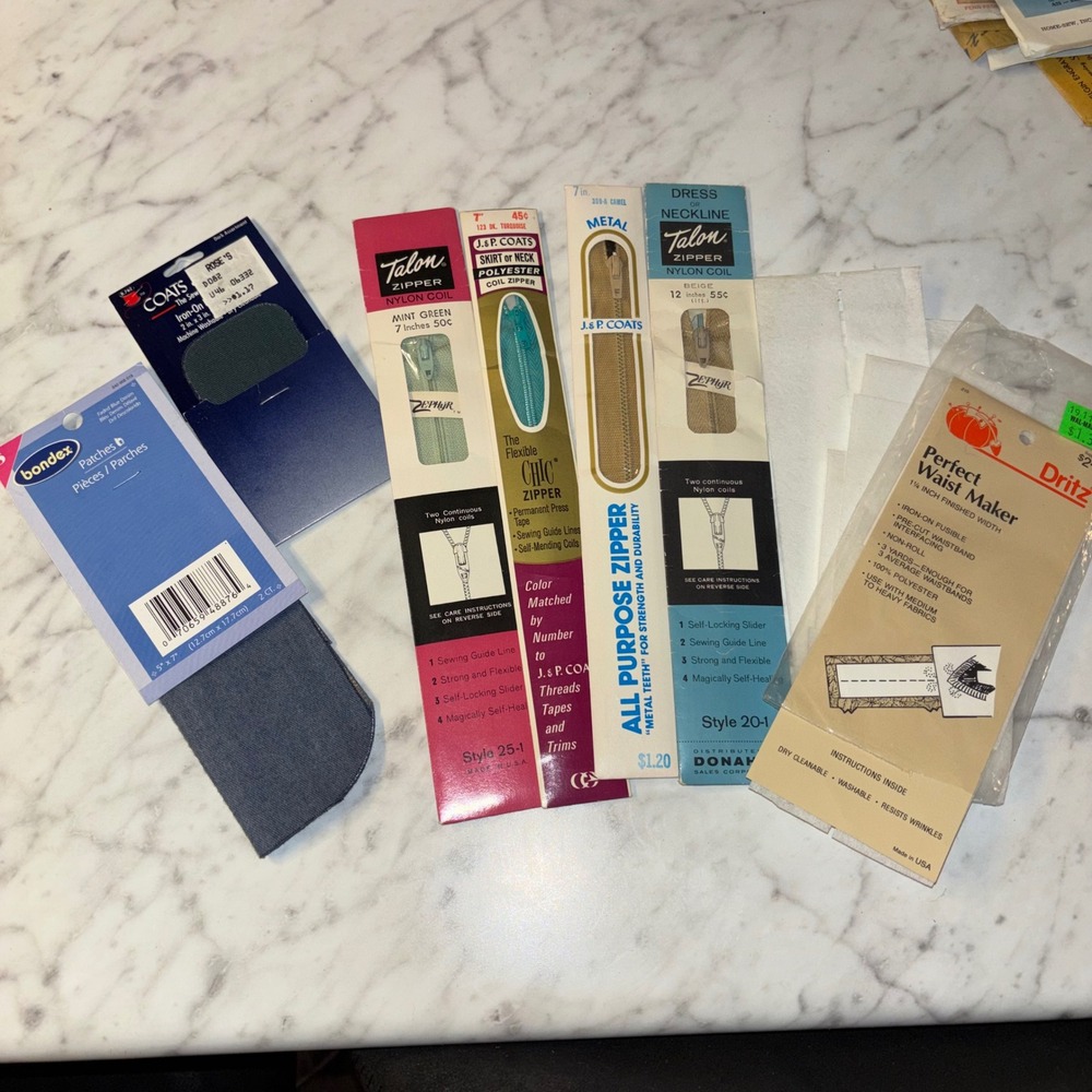 Vintage Sewing Notions Lot Talon Zippers Bondex Patches Dritz Waist Maker